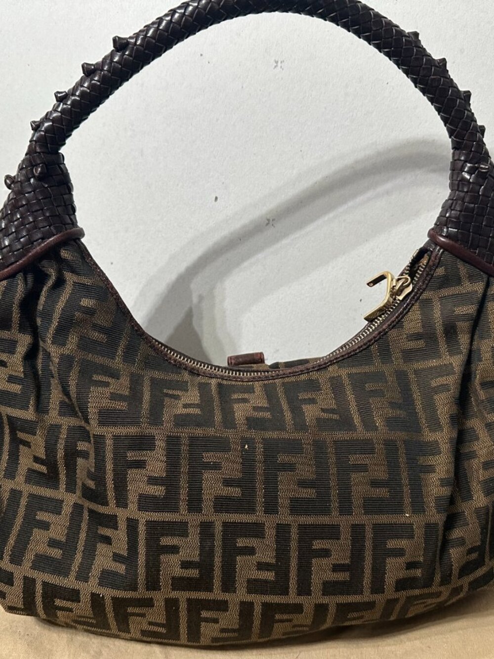 Fendi Zucca FF Monogram Spy Hobo Braided Handle Ostrich Original Tag Missing zip - Picture 3 of 12